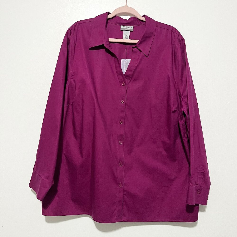 Catherines Womens No Iron Button Up Shirt 2X Cotton Purple Jewel Tone Business